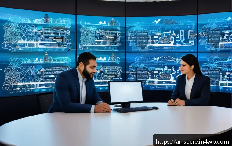 클라우드 보안 아키텍처와 서드파티 관리 - A modern, high-tech cloud computing environment set in a Middle Eastern office with Arabic calligrap...