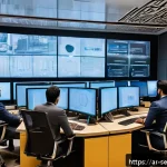 Home 23 클라우드 보안 아키텍처와 데이터 보호 - A detailed, professional office scene showing an Arabic IT security team actively monitoring cloud s...