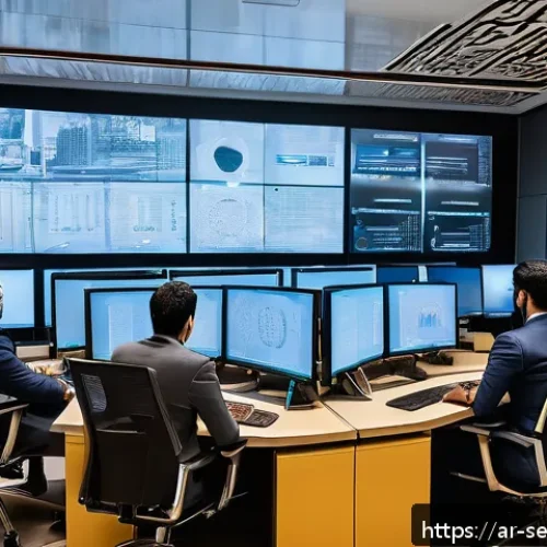Home 17 클라우드 보안 아키텍처와 데이터 보호 - A detailed, professional office scene showing an Arabic IT security team actively monitoring cloud s...