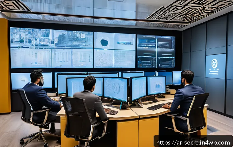 클라우드 보안 아키텍처와 데이터 보호 - A detailed, professional office scene showing an Arabic IT security team actively monitoring cloud s...