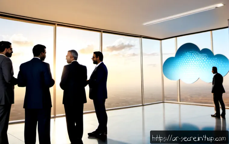 클라우드 보안 아키텍처가 주는 비즈니스 이점 - Photorealistic modern Gulf-region business office, confident Arab executive team in elegant professi...